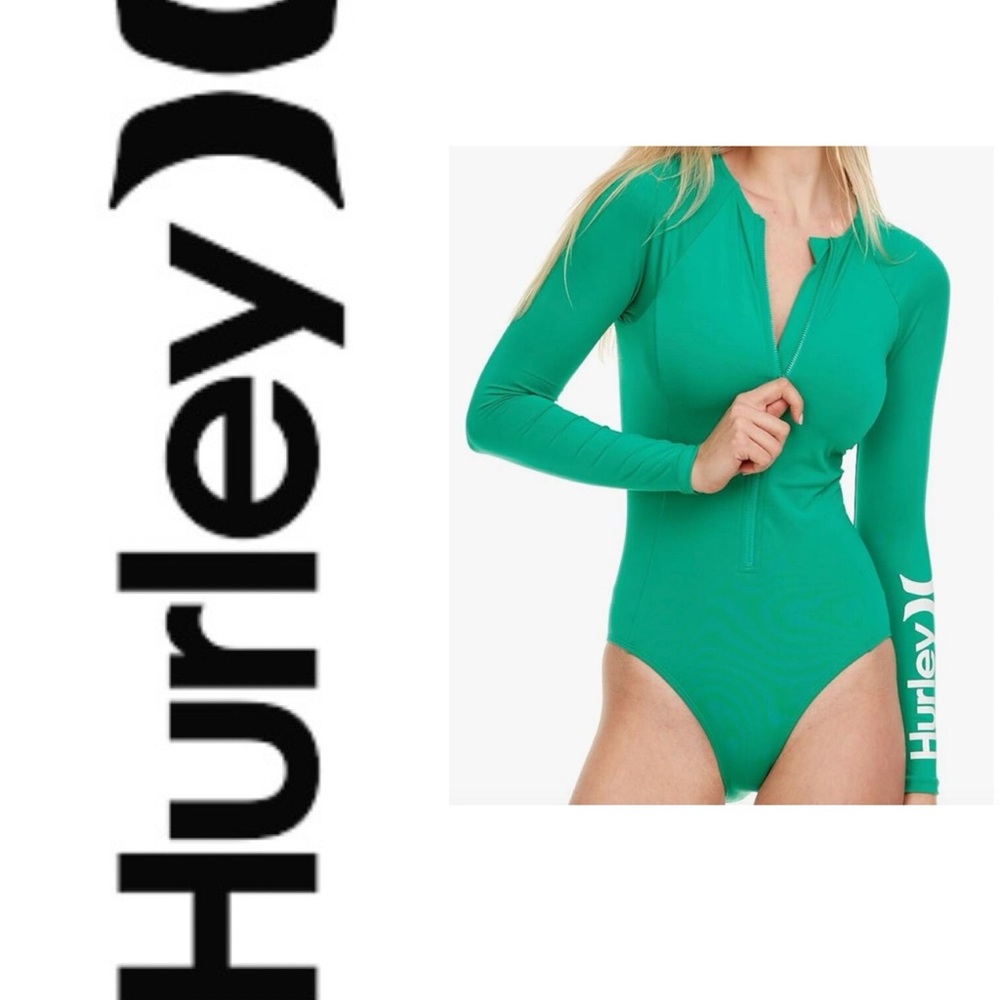 Hurley Long Sleeve One Piece Swimsuit Emerald Green Front Zip